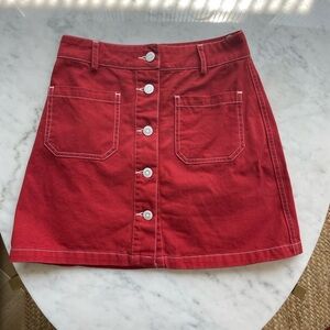 Caliblue denim button front mini skirt, pockets, A-line, red, XS